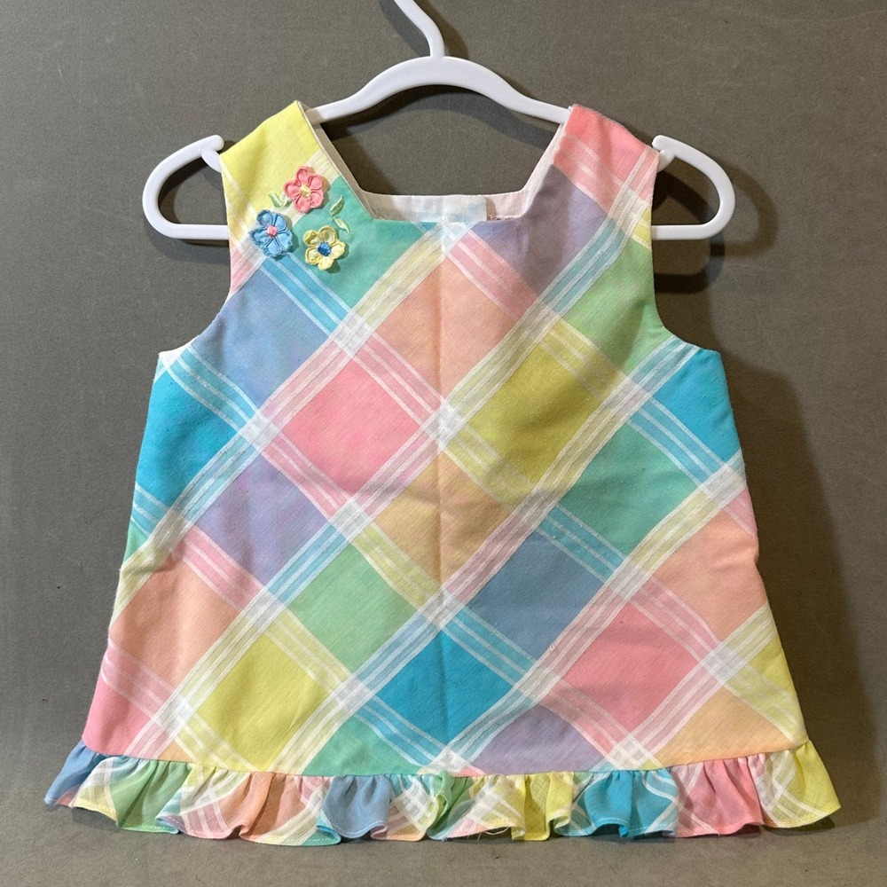 Merry Mites Vintage Pastel Plaid Ruffle Back Top Sleeveless Floral Embroidery